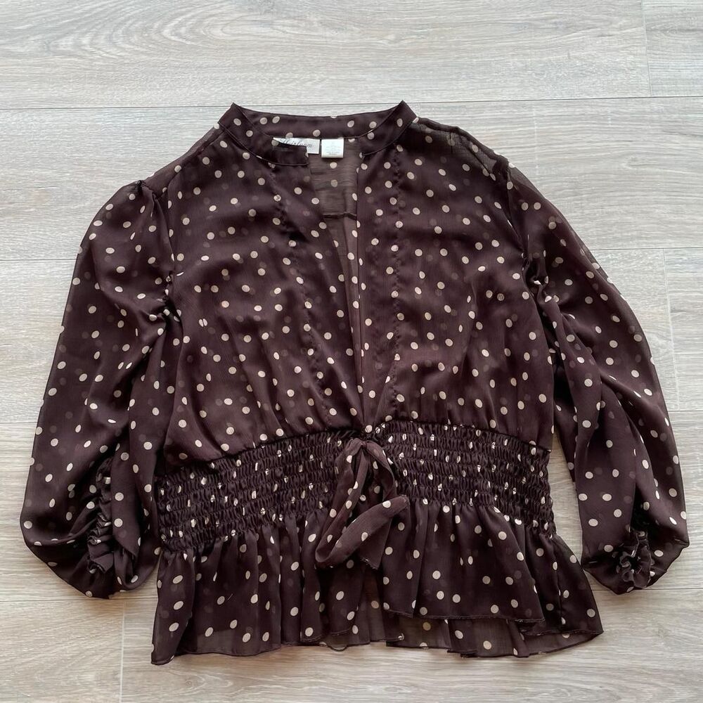 Heirloom Womens XL Chocolate Brown & Cream Polka Dot Blouse Sheer Retro Coquette